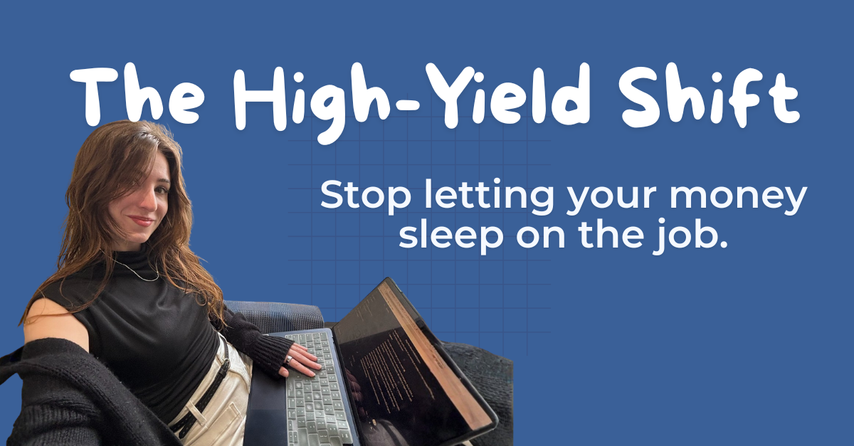 The High-Yield Shift: Stop Letting Your Money Sleep on the Job. Tessa Hill with computer. Representing the switch to a High-Yield Savings Account to earn more money
